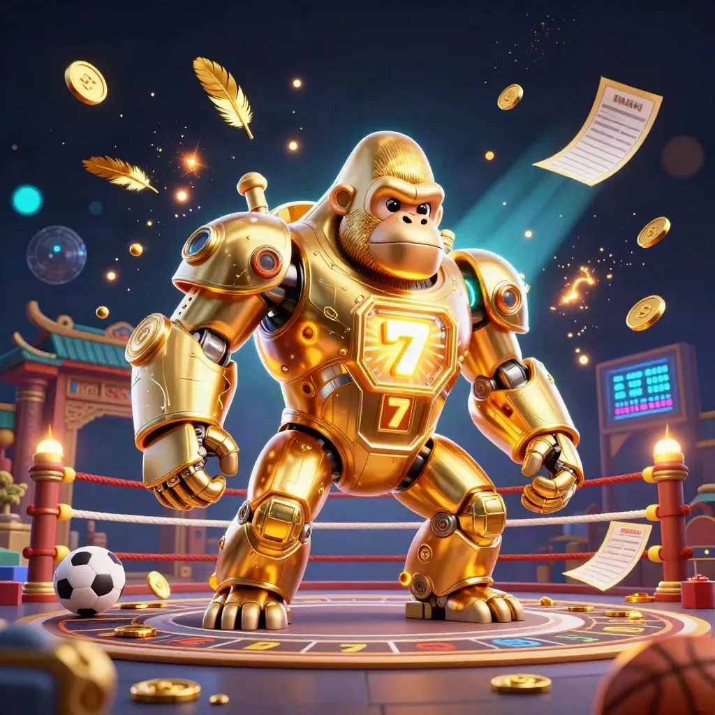 Golden gorilla mech with monkey pilot bursts amid temple gate, coins, beams, and sports props.