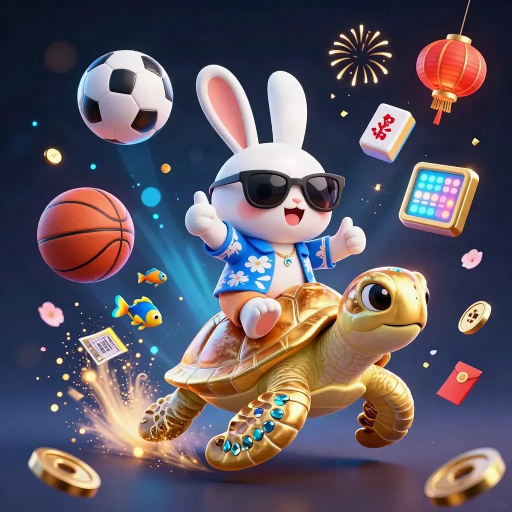 Lucky rabbit rides a gem turtle amid casino symbols, coins, lanterns, spray, and blue-gold light.