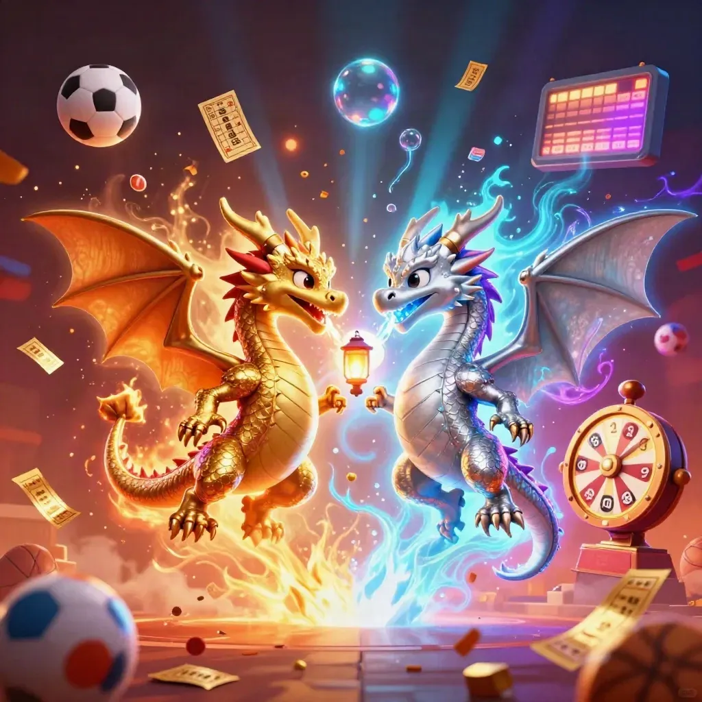 Twin gold and silver dragons clash with fire and ice amid casino game objects and glowing light
