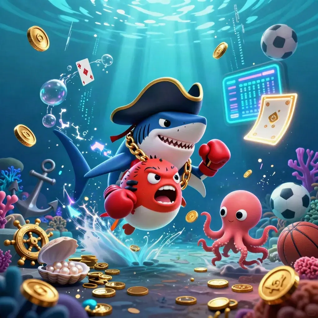 Pirate shark, pufferfish, and octopus amid coins, coral, and sports balls underwater