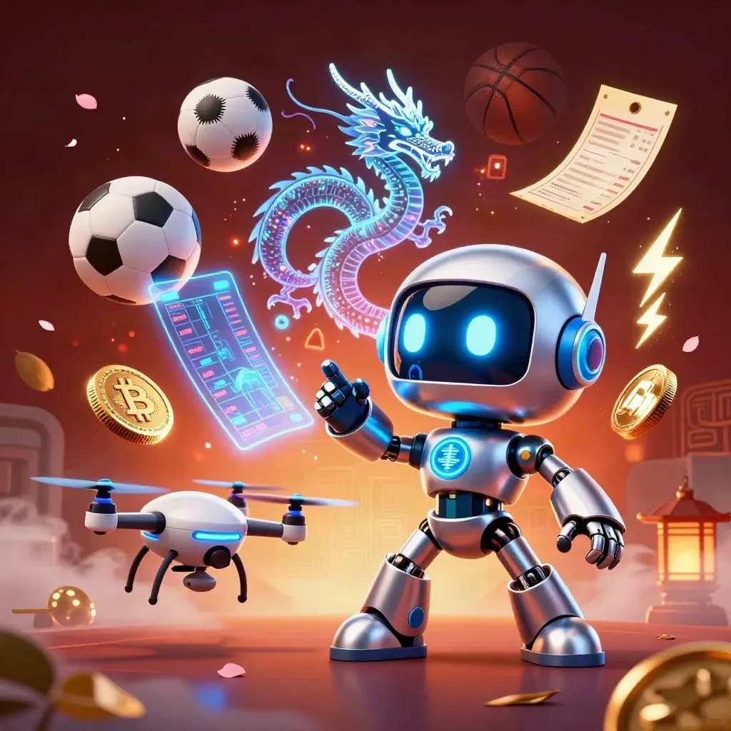Cyberpunk robot, holographic dragon and coin drone amid flying sports balls, coins and ember glow.