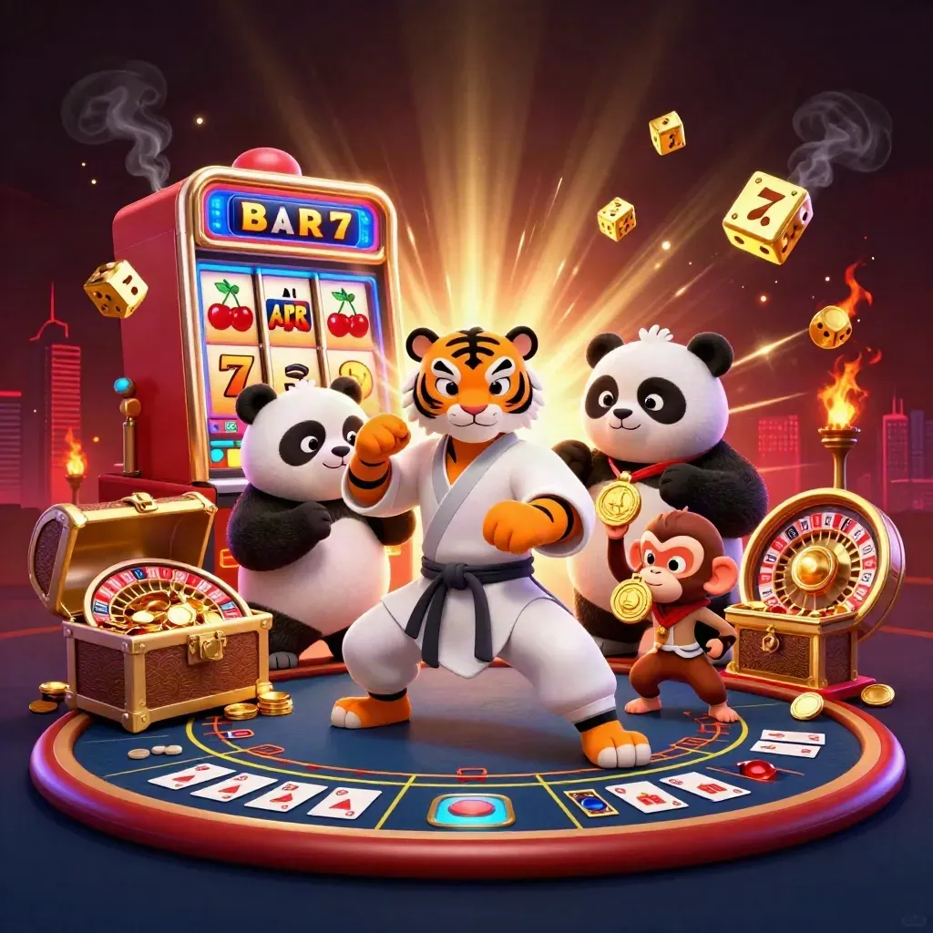 Tiger, panda, and monkey in a luxe casino room with a bursting slot machine, roulette wheel, and gold spill.