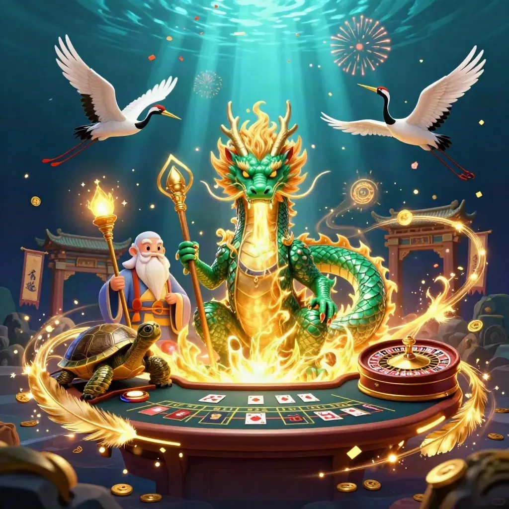 Jade dragon, turtle sage, and cranes amid casino magic in a teal underwater palace.