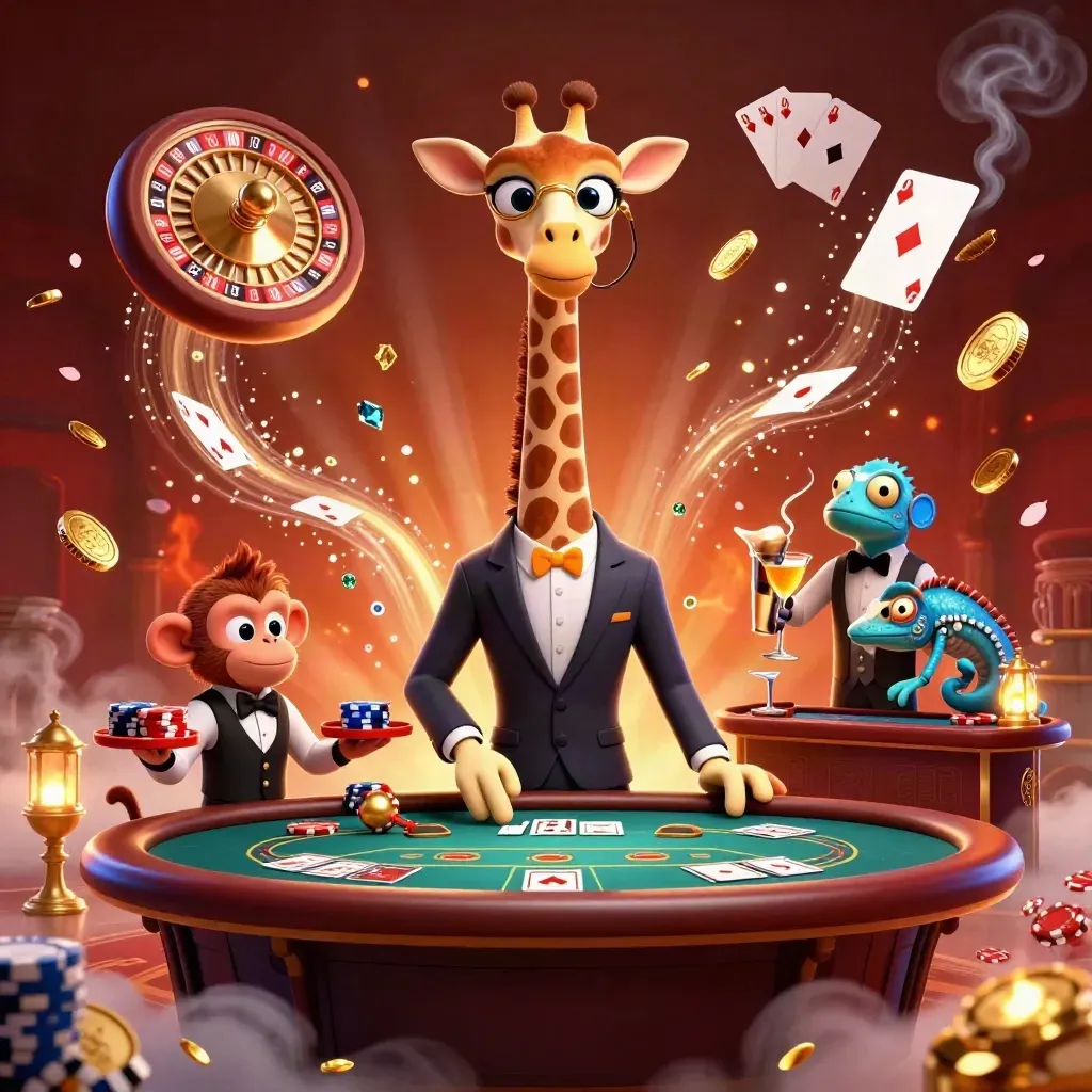 Giraffe, monkey valet, and chameleon bartender in a blazing luxury casino scene