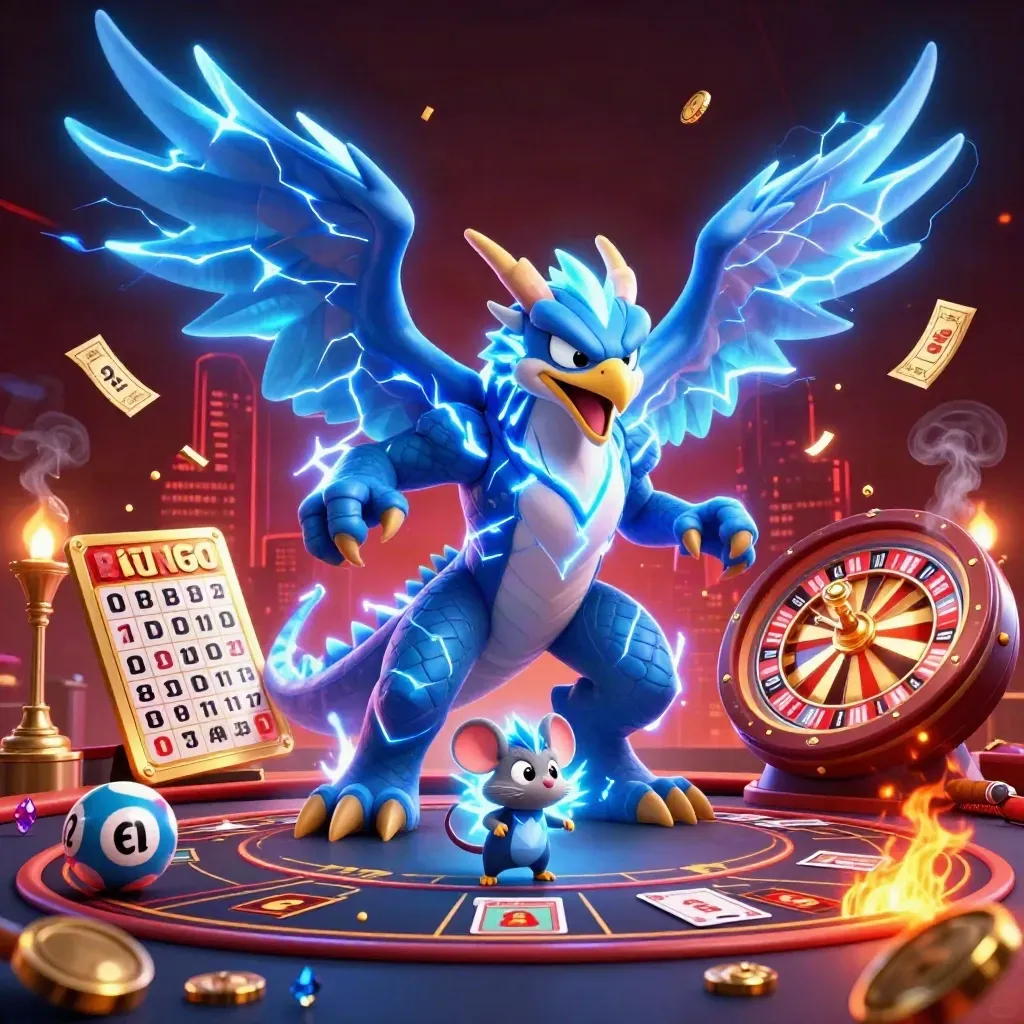 Lightning dragon, wind hawk, and thunder mouse amid casino luxury and glowing effects