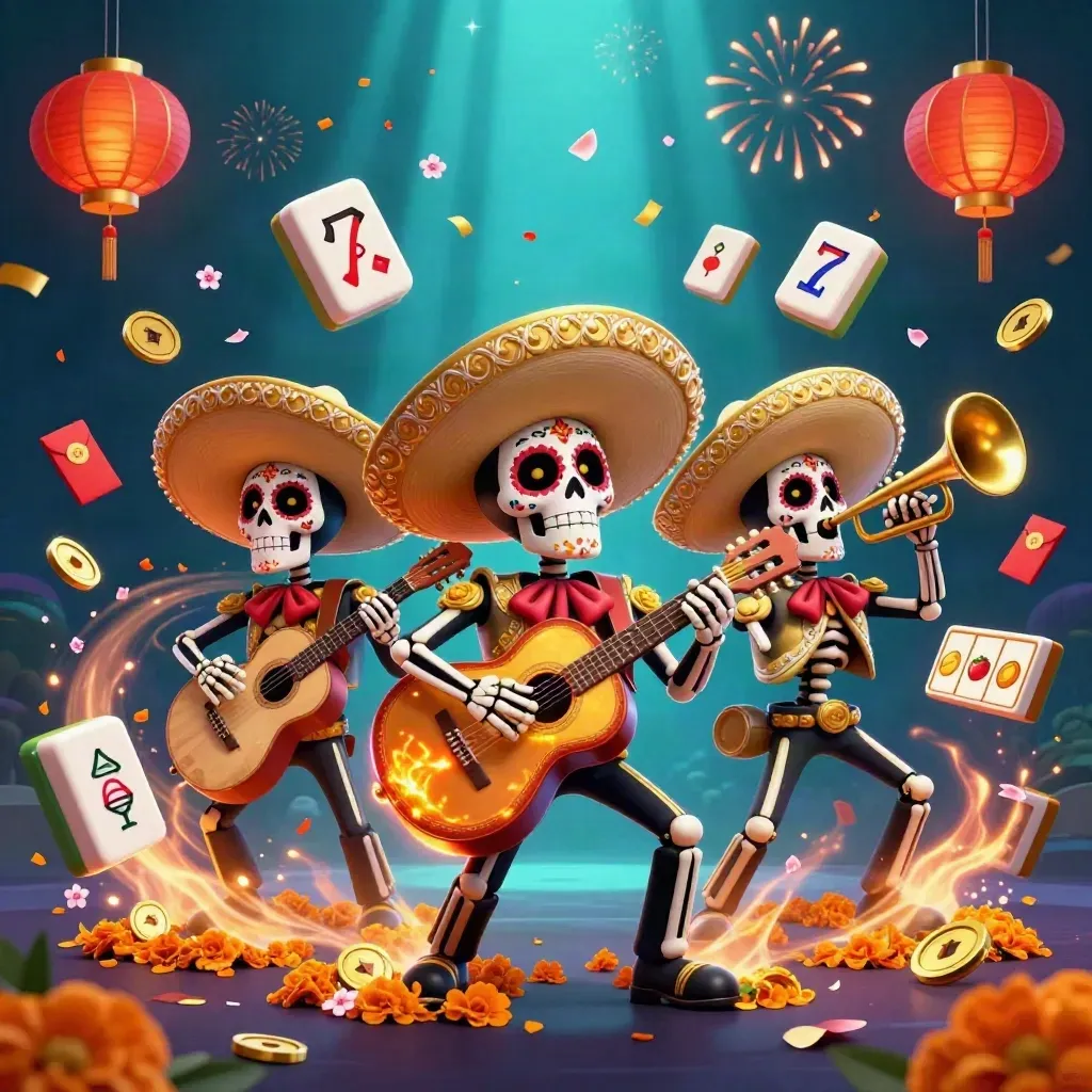Three festive skeleton mariachi musicians burst with coins, tiles, lanterns, and fireworks in a neon casino scene.