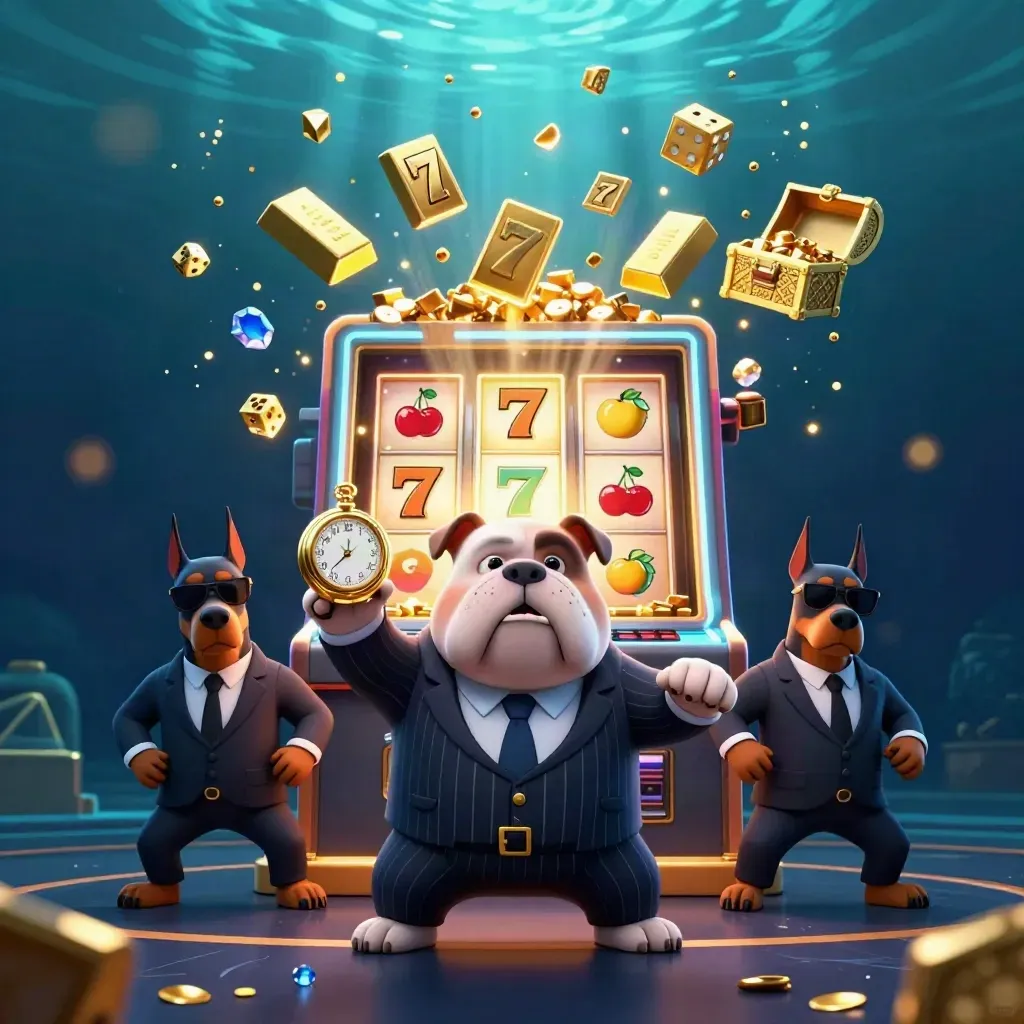 Bulldog mob boss and two Dobermans explode from a sunken slot vault with gold and gems.