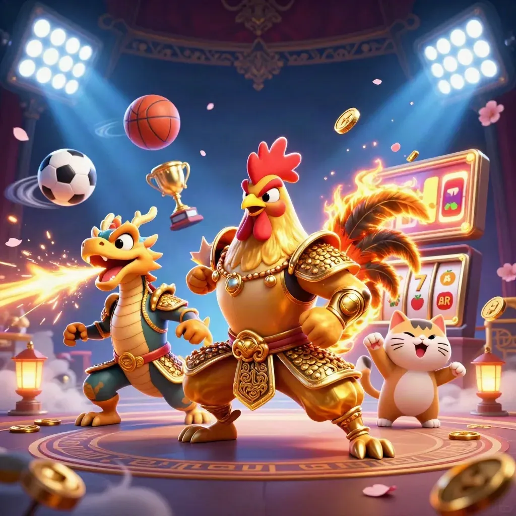 Rooster samurai, spark-breathing hatchling, and lucky cat amid sports balls, coins, and casino glow.