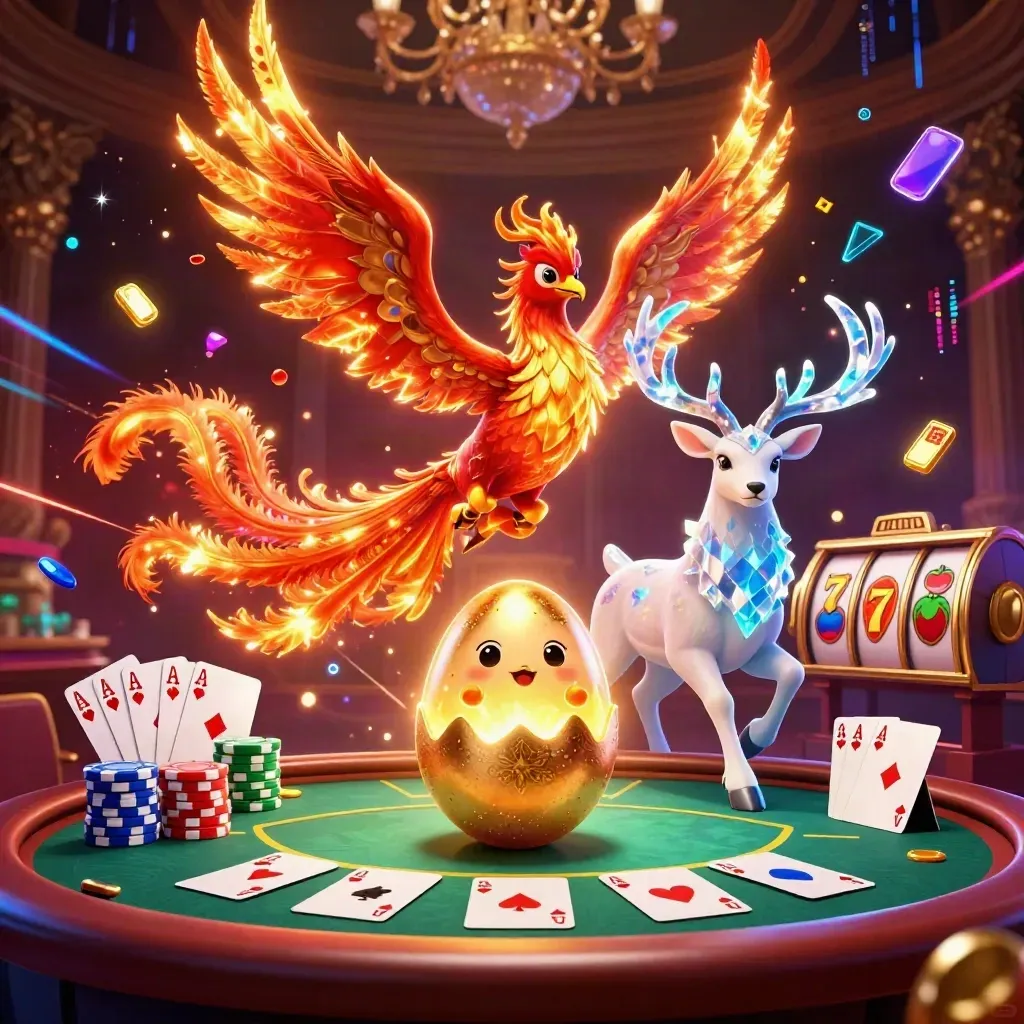 Phoenix, hatchling, and crystal stag amid casino chips, cards, and neon energy.