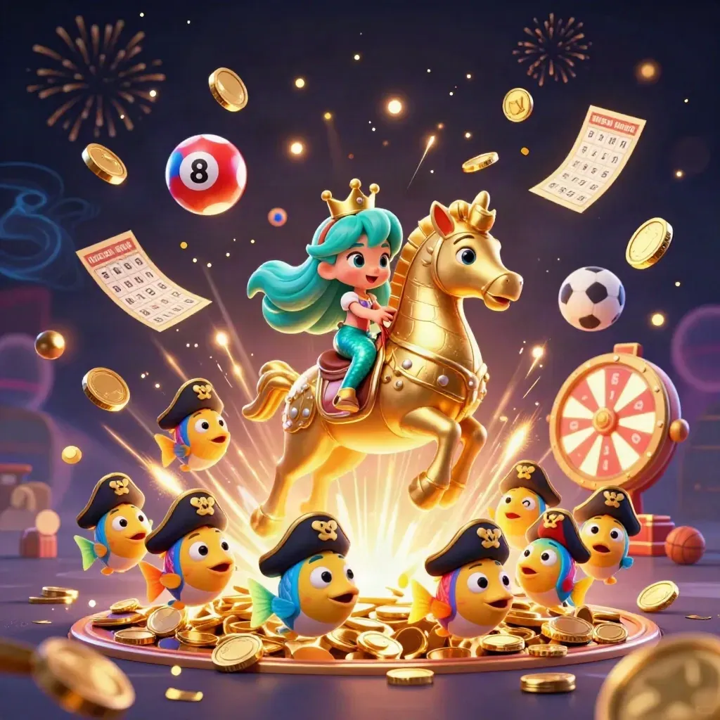 Mermaid princess on armored seahorse amid gold coins, fireworks, and casino prizes in neon night.