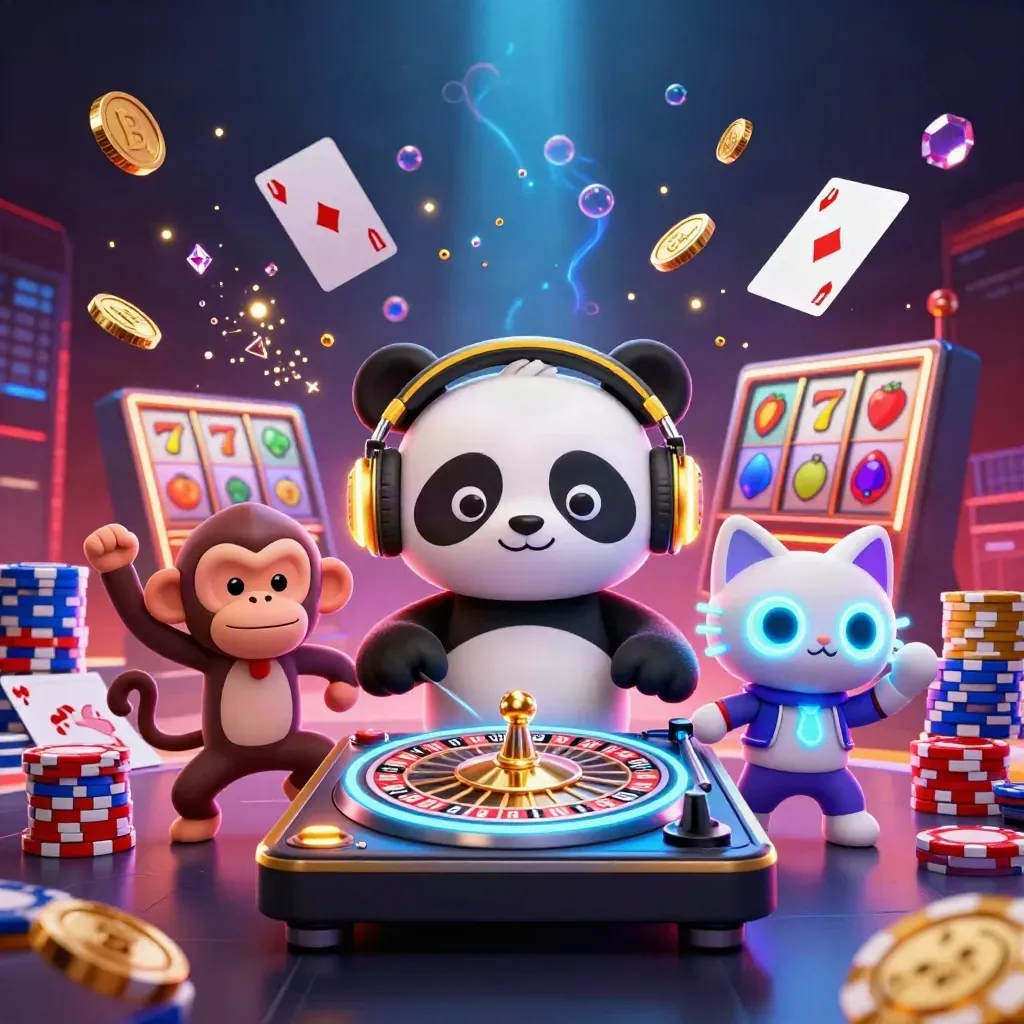 DJ panda, dancing monkey, and rave kitten in a casino coin explosion