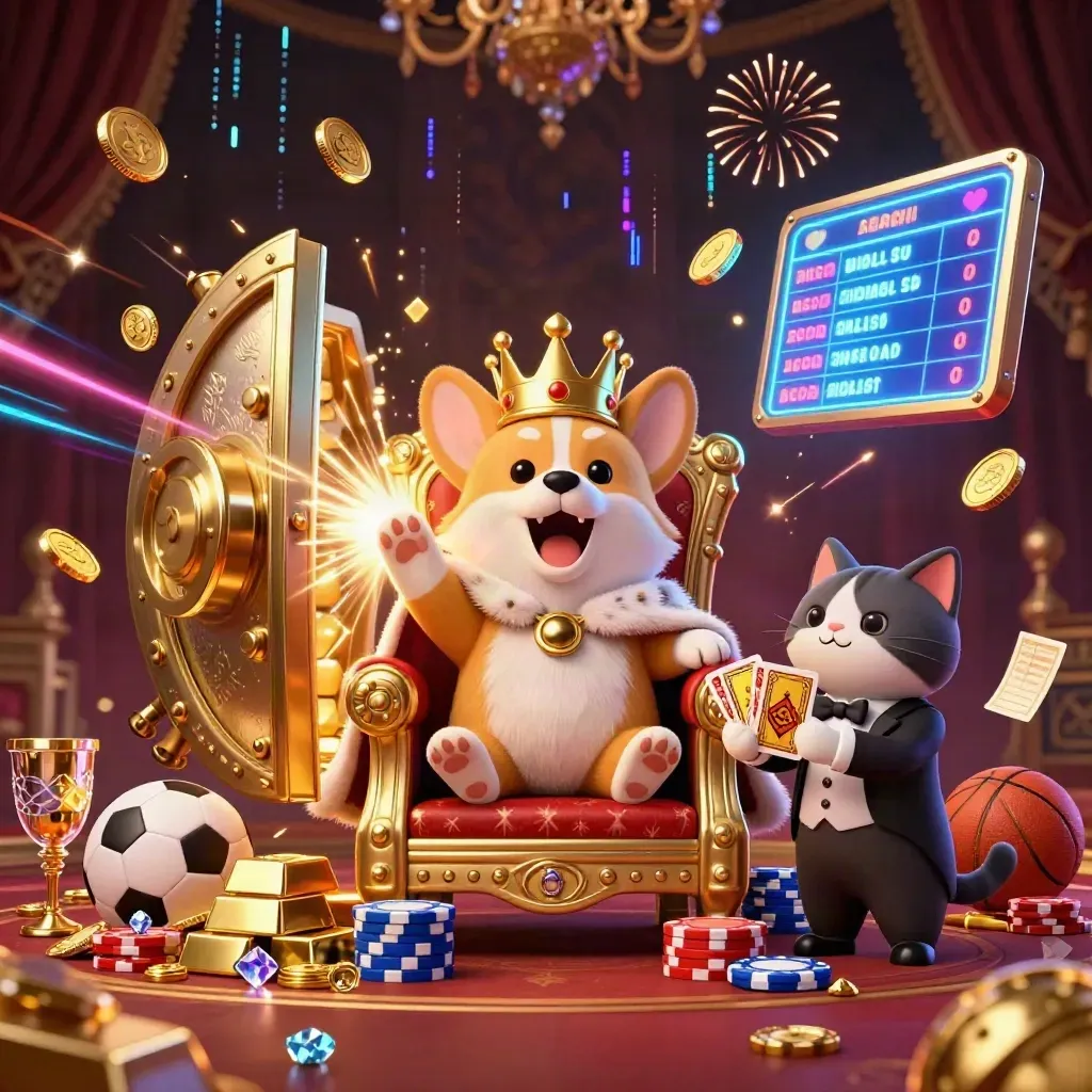 Crowned corgi and cat butler amid bursting vault, gold coins, sports icons, and fireworks.
