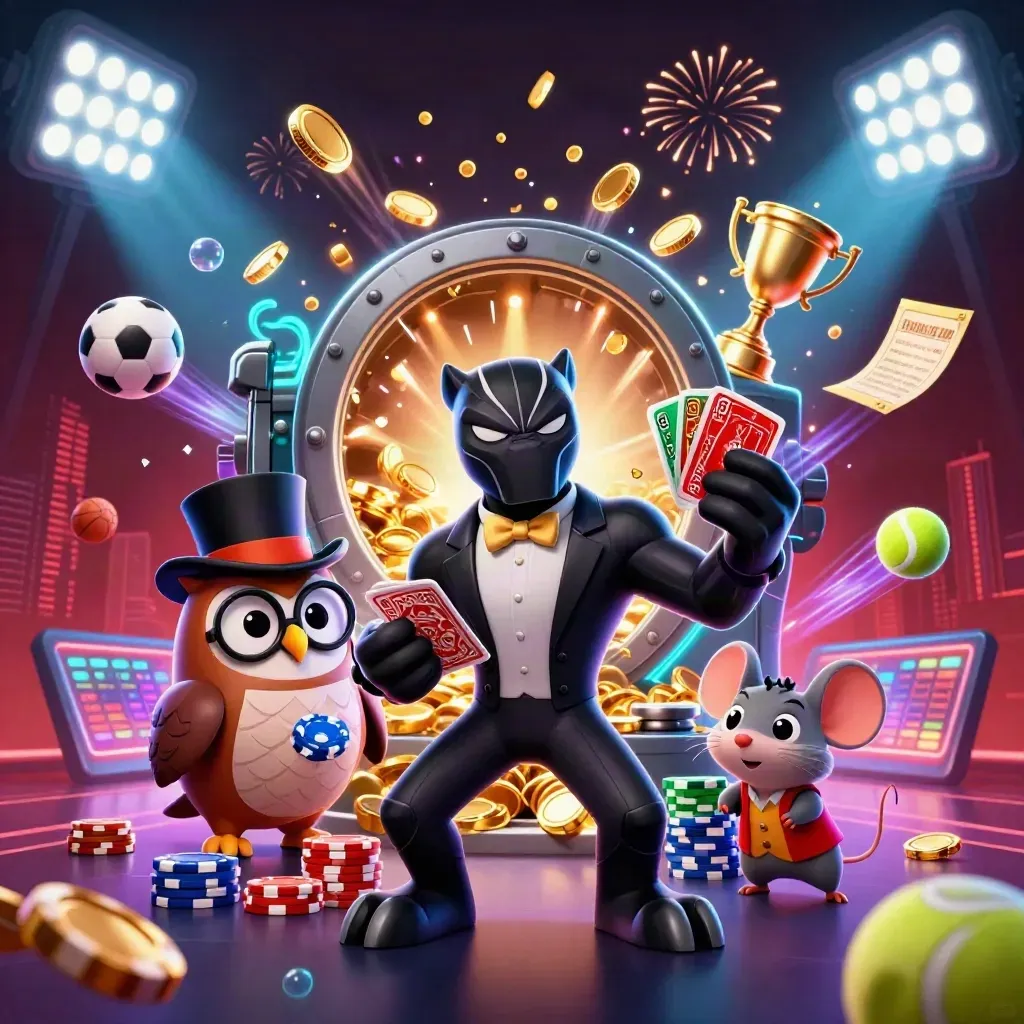 Panther, owl, and mouse amid coins, trophy, balls, and fireworks in a neon casino burst.