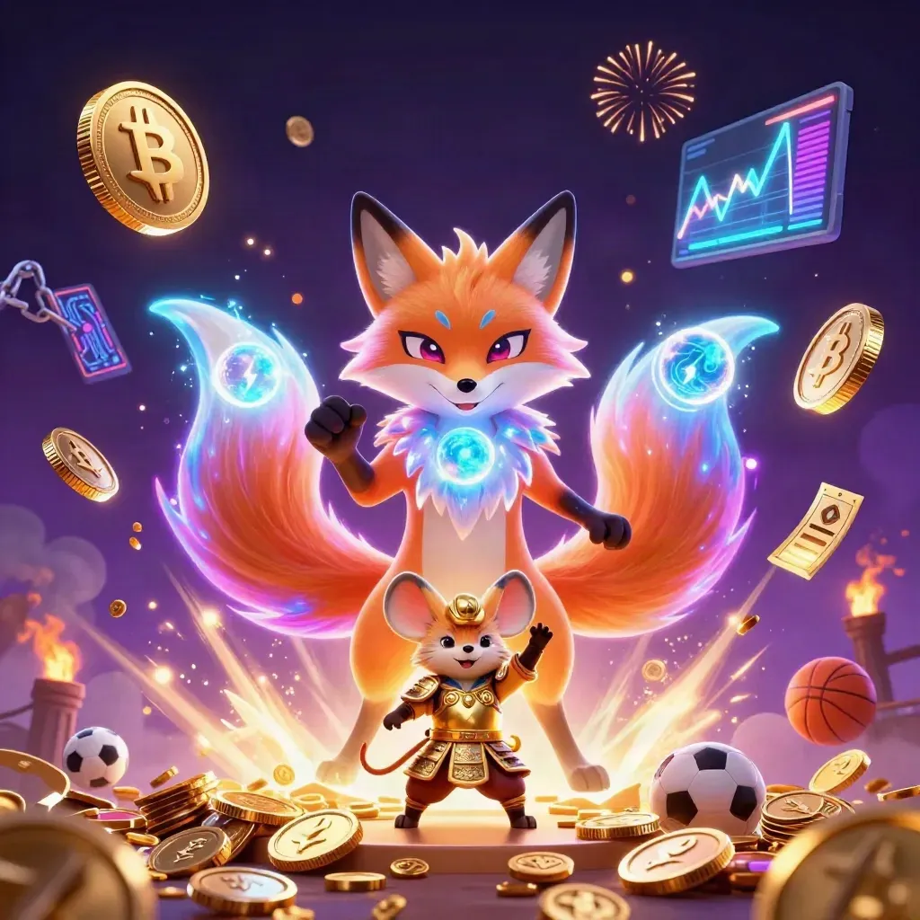 Neon fox spirit and armored mouse amid coins, lightning, and fireworks.