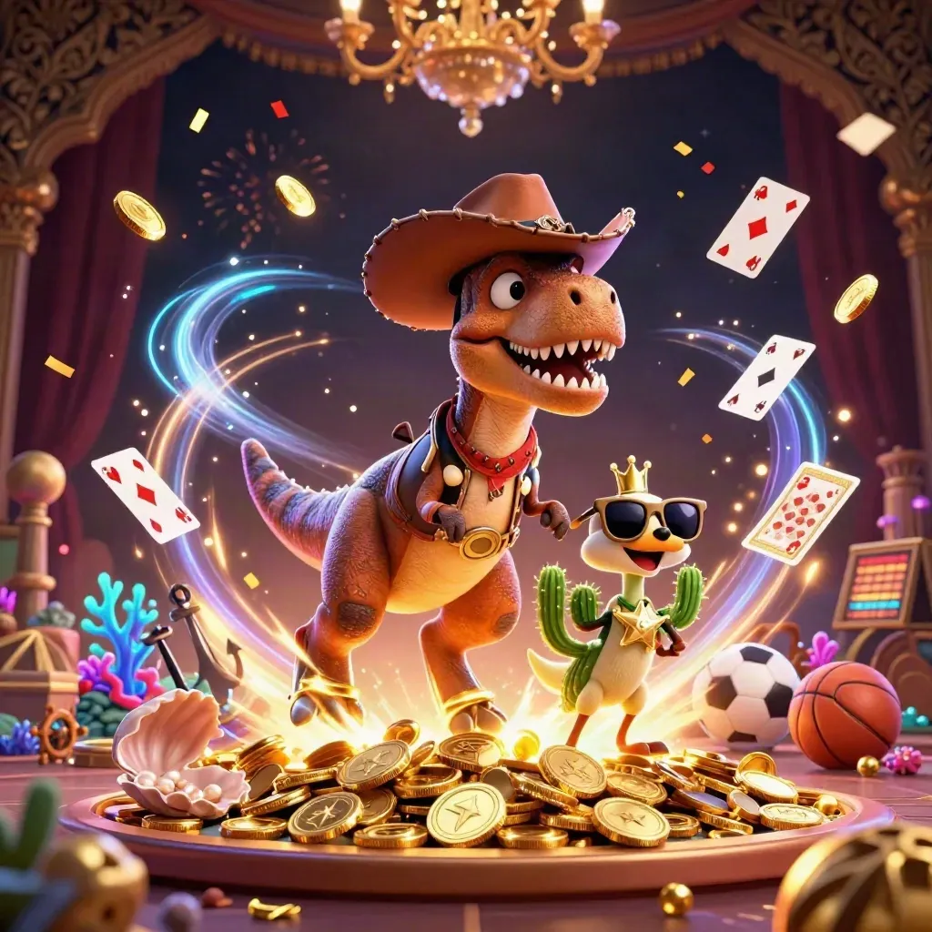 Cartoon cowboy T-Rex, cactus, and roadrunner amid gold coins, treasure, fireworks, and casino effects
