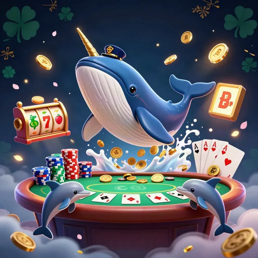 Whale captain, narwhal and dolphins amid coins, chips, cards and glowing casino magic