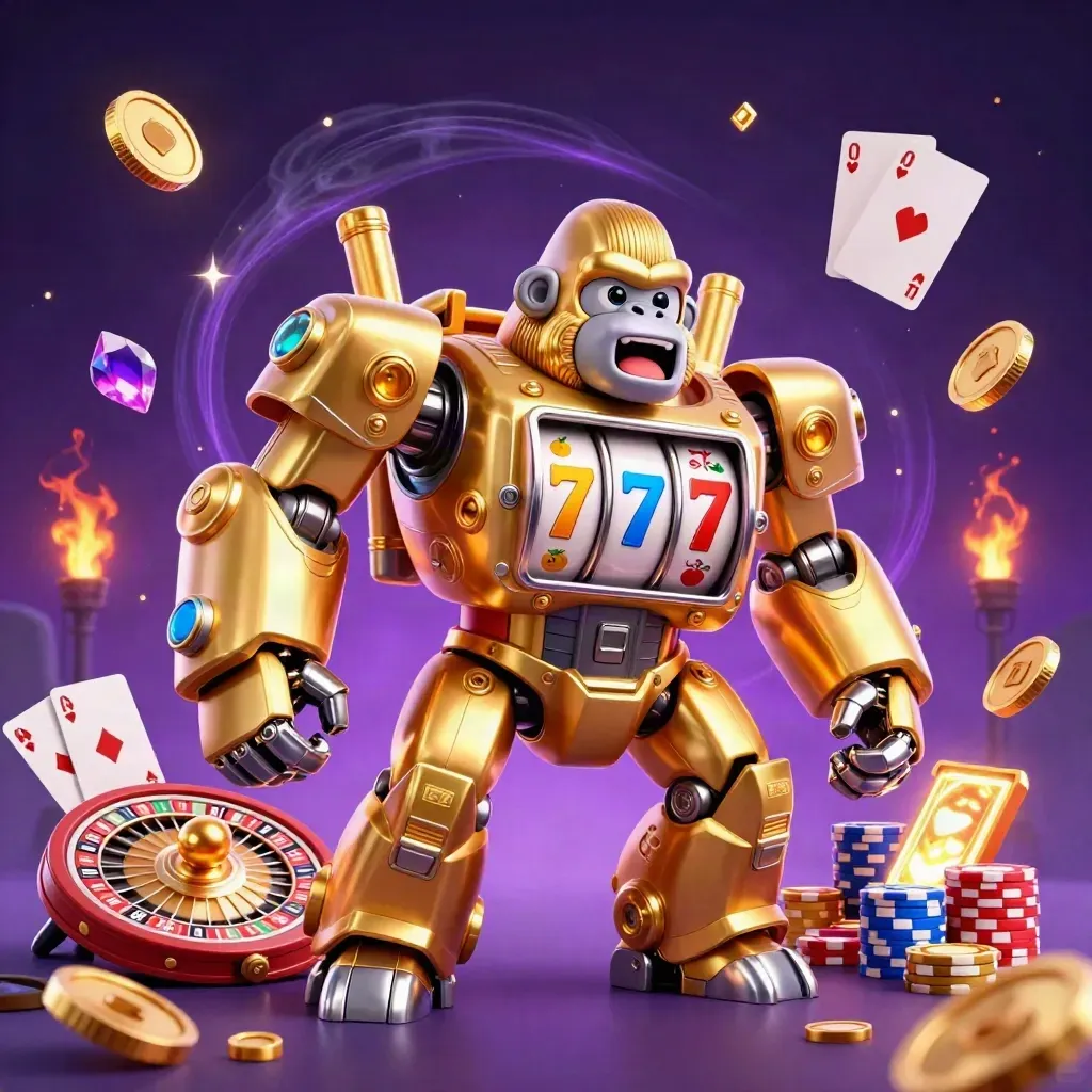 Golden gorilla slot-mech with a tiny monkey pilot amid coins, roulette, cards, and chips.