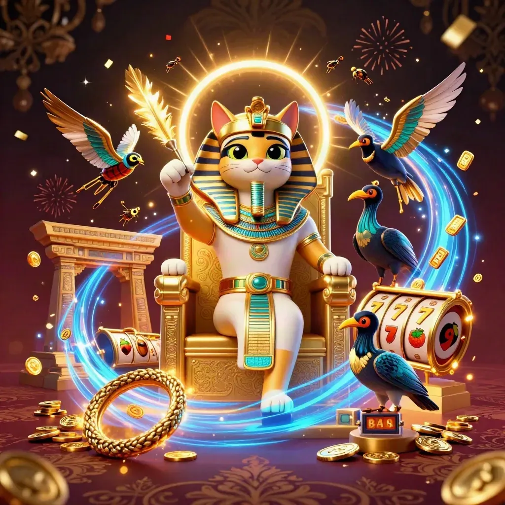 Pharaoh cat, ibis scribe, and gem scarabs amid casino symbols and gold sparks.