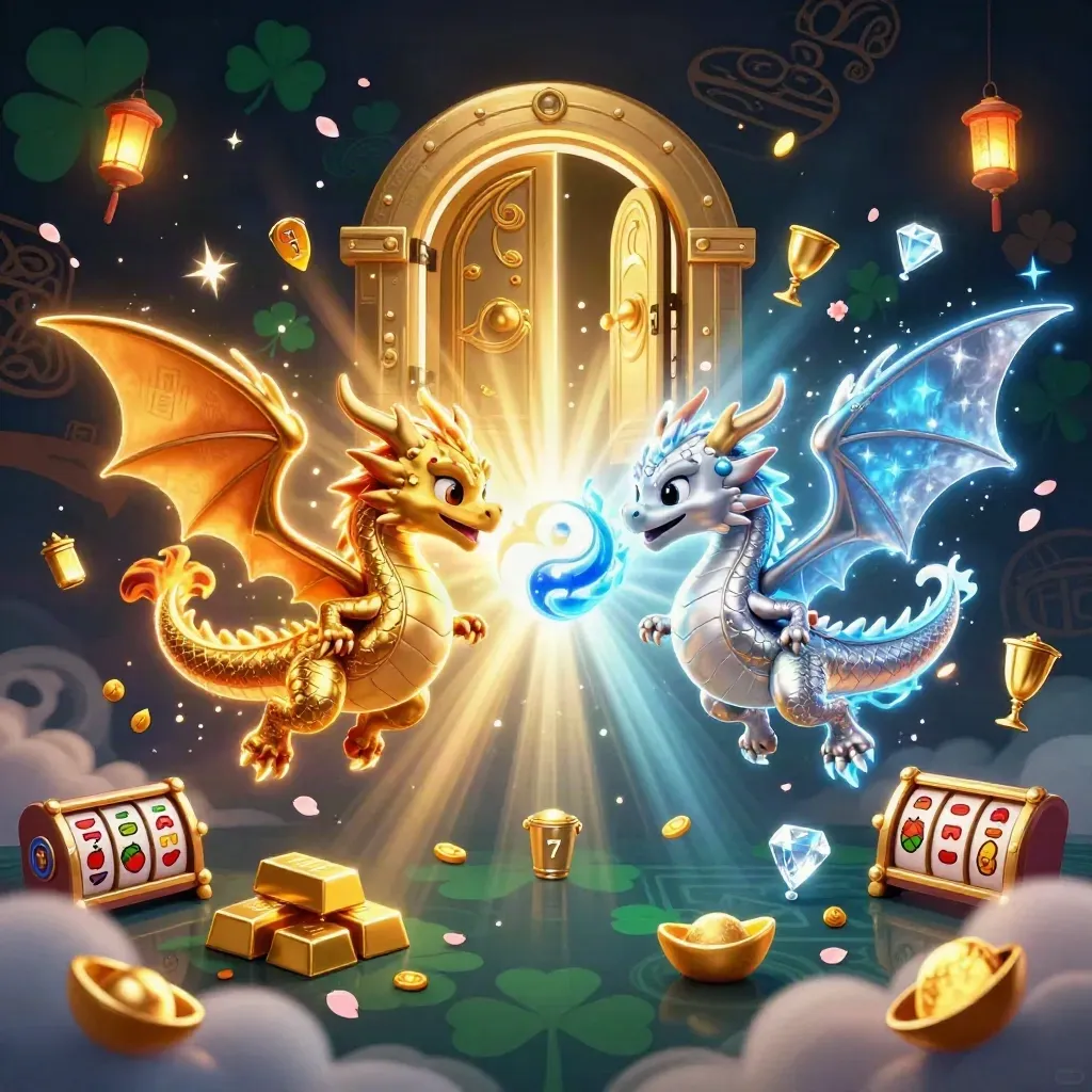 Gold and silver dragons swirl around a bursting vault with casino gems, reels, and glowing magic.
