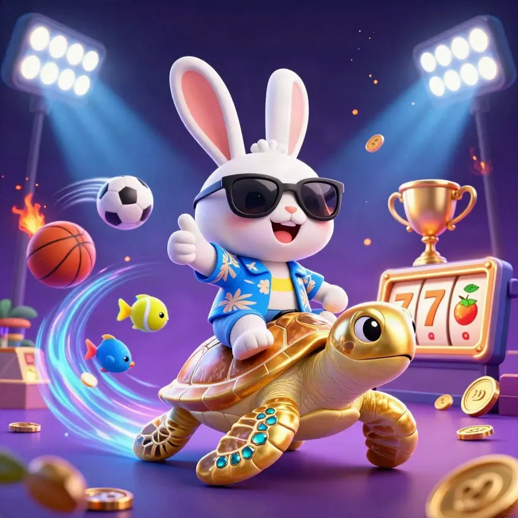 Rabbit in sunglasses rides a golden sea turtle with fish, balls, coins, and casino lights.