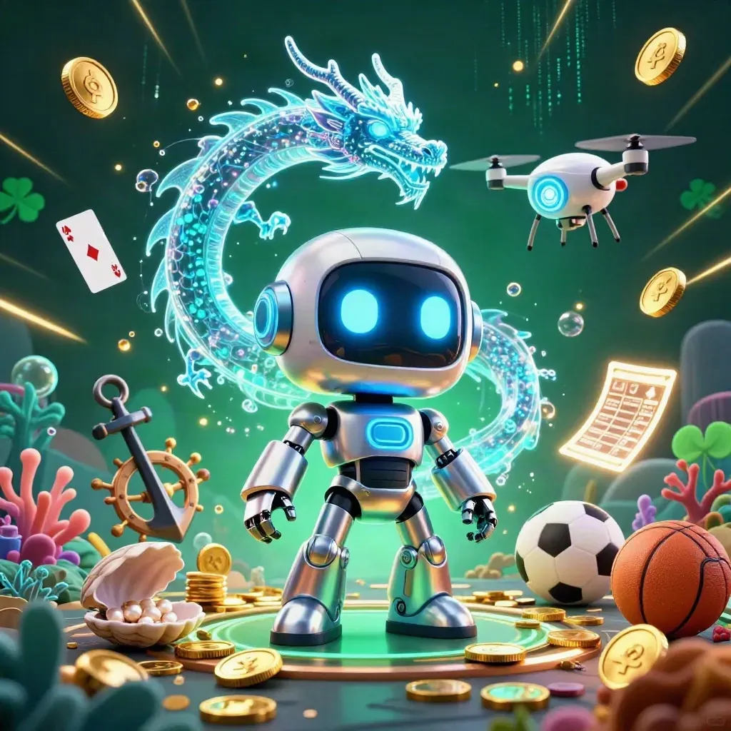 Cyberpunk robot, holographic dragon, coin drone in treasure cove with sports items