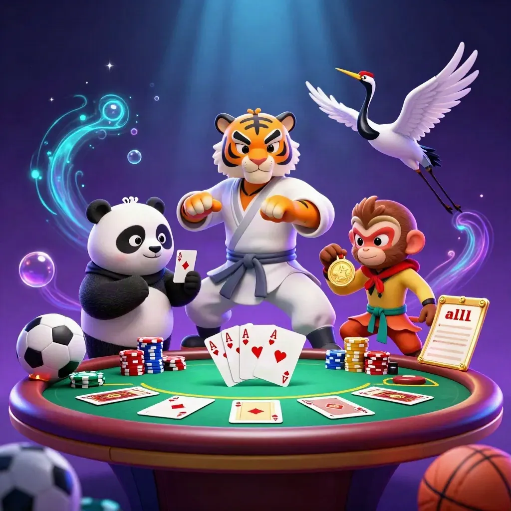 Tiger, panda and monkey amid casino props with gold sparks and neon blue-purple light.
