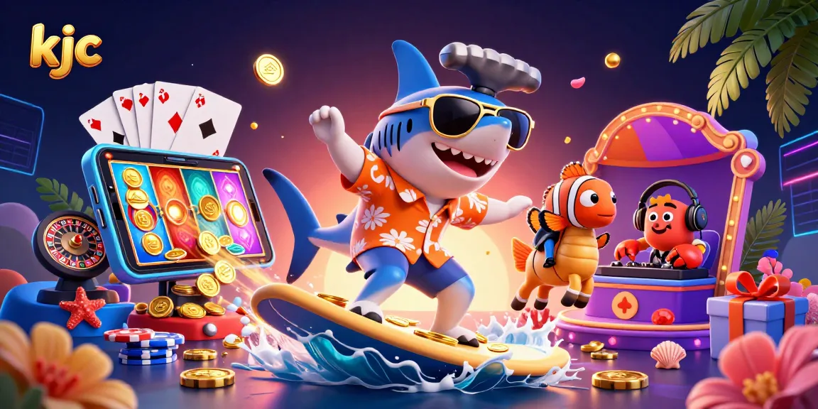 KJC's vibrant online casino scene with a hammer-head shark surfing gold coins, showcasing action-packed gaming elements.