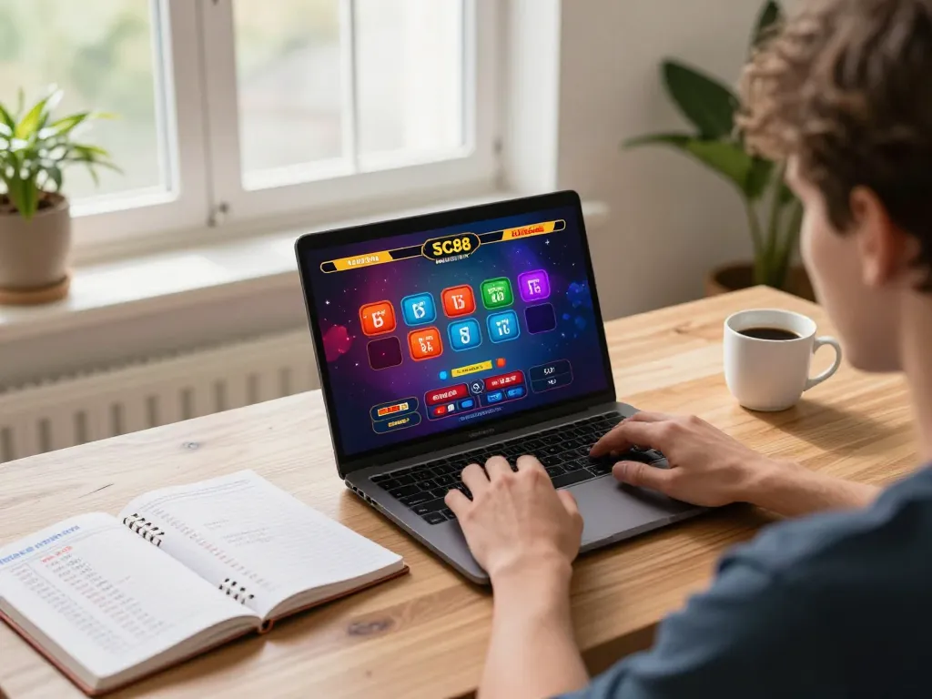 Engaged player enjoying games at nhà cái sc88 on a laptop, showcasing online gaming atmosphere.