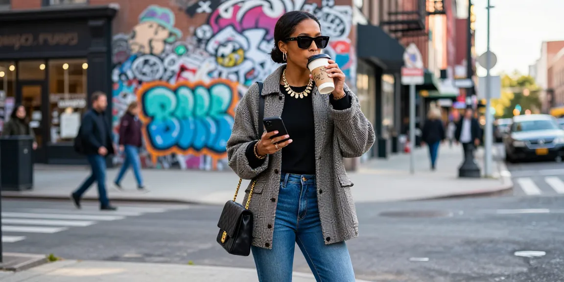 Fashion tips showcased in an urban setting with stylish outfit and vibrant city backdrop.