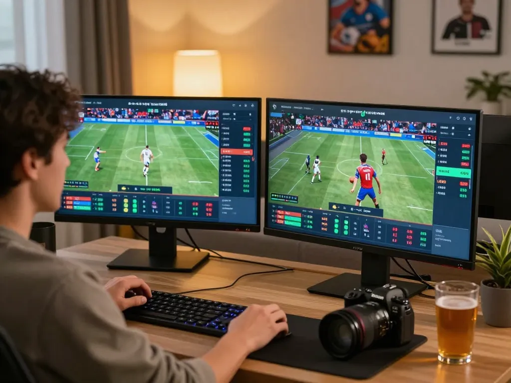 Placing bets on a sports app in a vibrant home setup, showcasing 88vv.