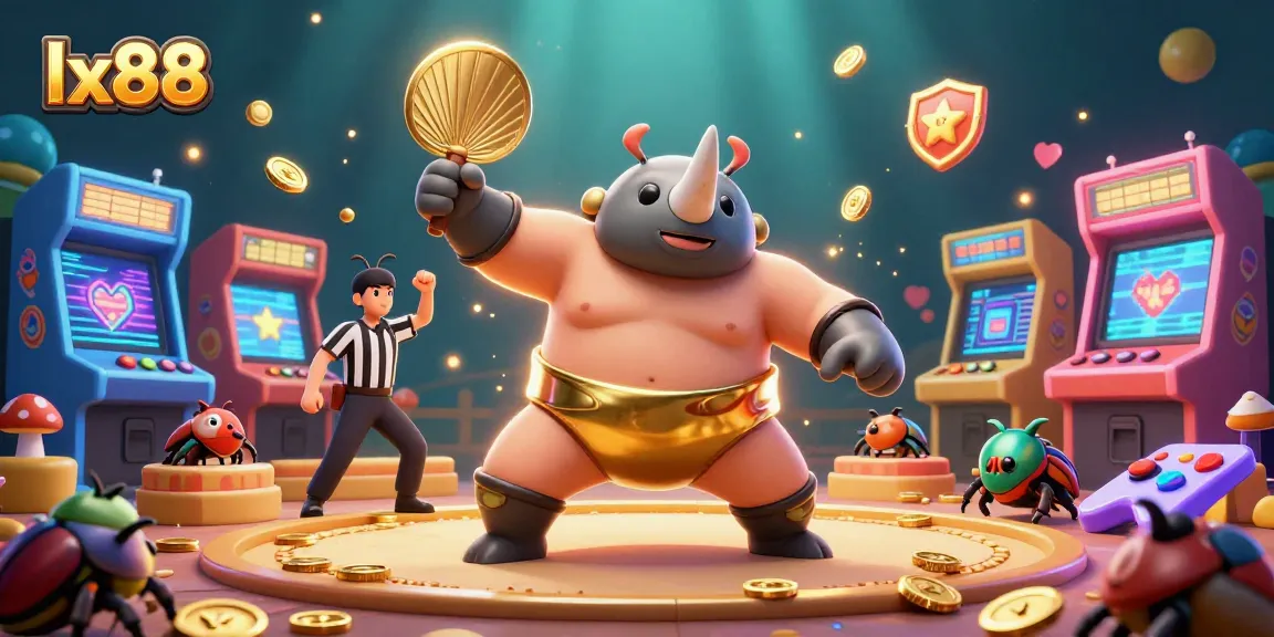 Experience the excitement of lx88 with a sumo champion beetle surrounded by vibrant casino elements.