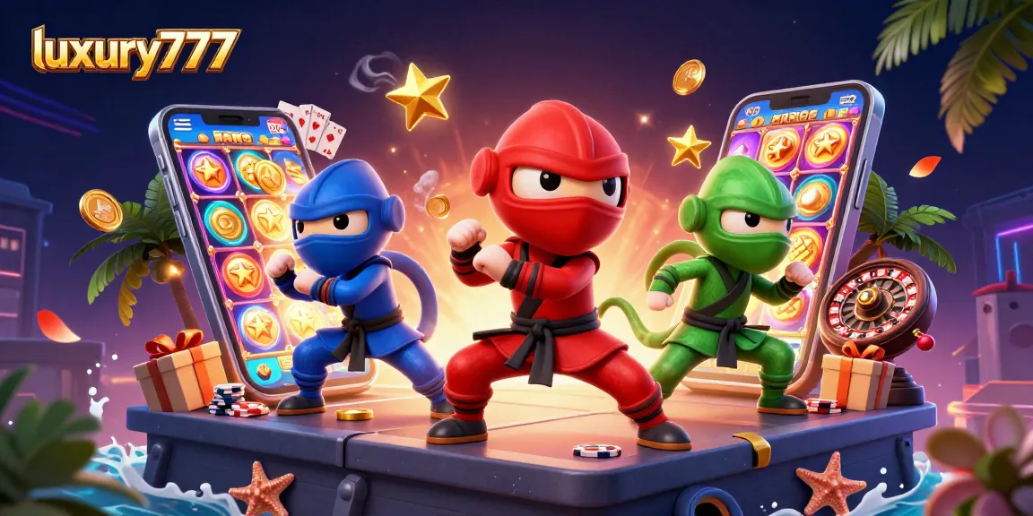 Experience luxury777 thrills with chameleon ninjas and dynamic slot games in this vibrant casino scene.