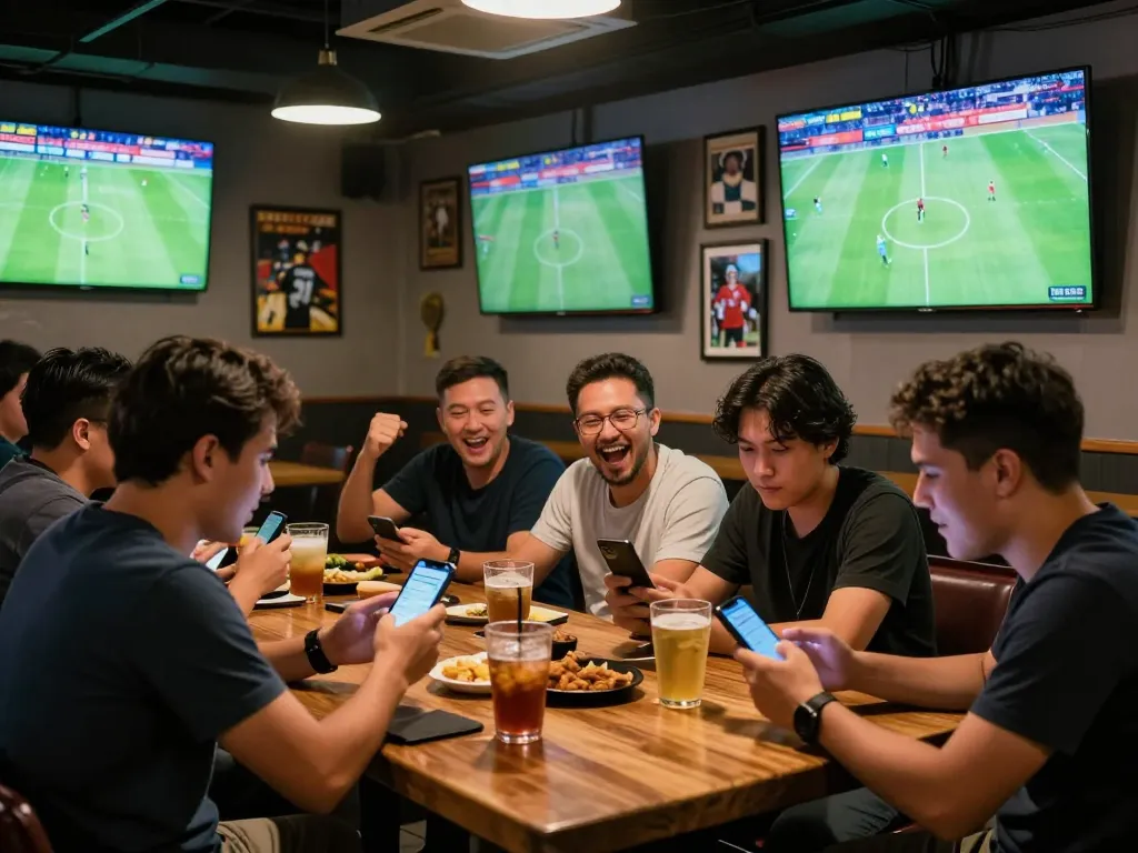 Kèo nhà cái scene with fans enjoying live football betting in a vibrant sports bar atmosphere.