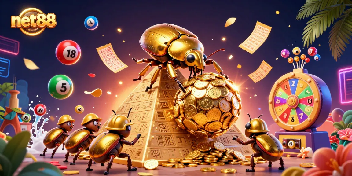 Experience the thrilling essence of net88 with energetic lottery elements and playful beetles.