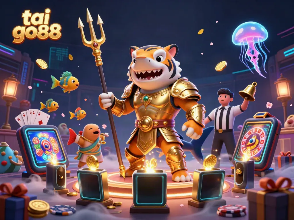 Experience excitement with tai go88 as a fearless tiger shark in gladiator armor triumphs in an underwater casino.