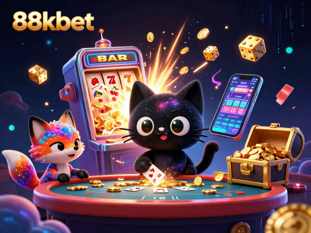 Engage in exciting games at 88kbet where golden chips, dynamic slot machines, and thrilling characters create a vibrant casino experience.