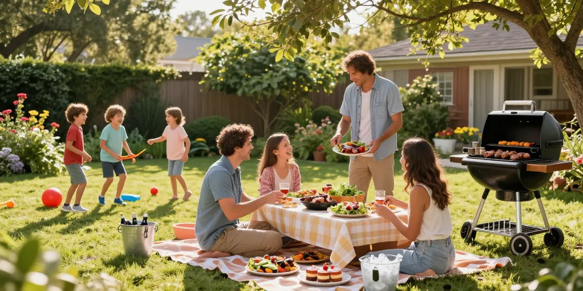 Pengaturan barbecue outdoor yang meriah dengan keluarga menikmati Situs BOS88 dan hidangan lezat di halaman yang hijau.