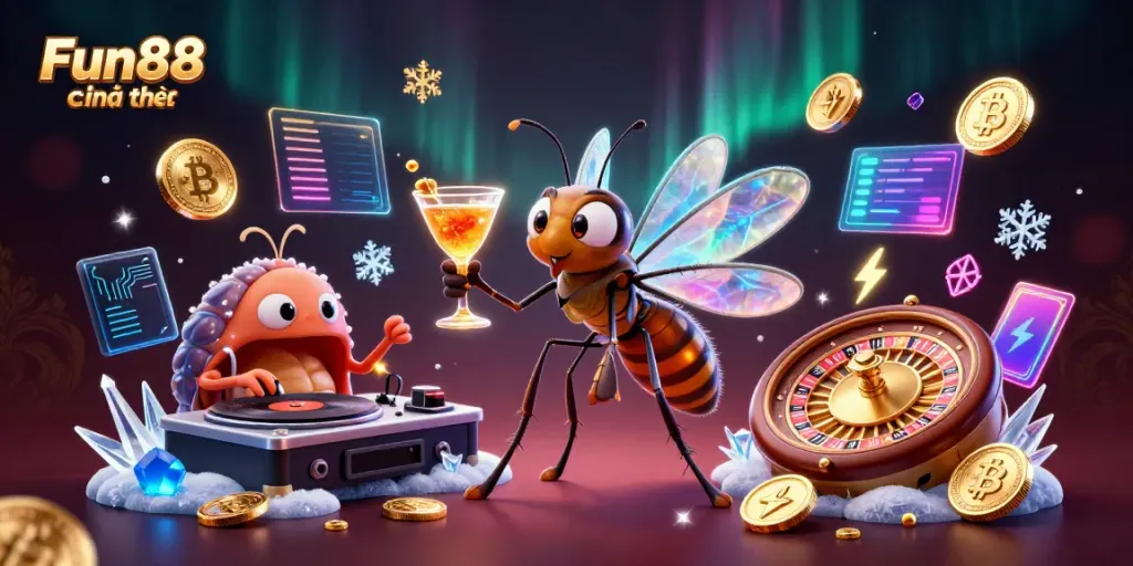 Experience the vibrant Fun88 chính thức environment with unique casino characters and cryptocurrency elements.