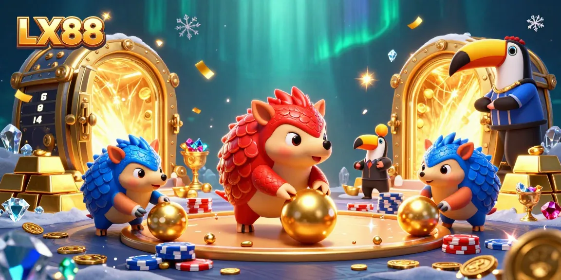 Engage with LX88 casino excitement as pangolins roll in golden chips amidst vibrant gaming elements.
