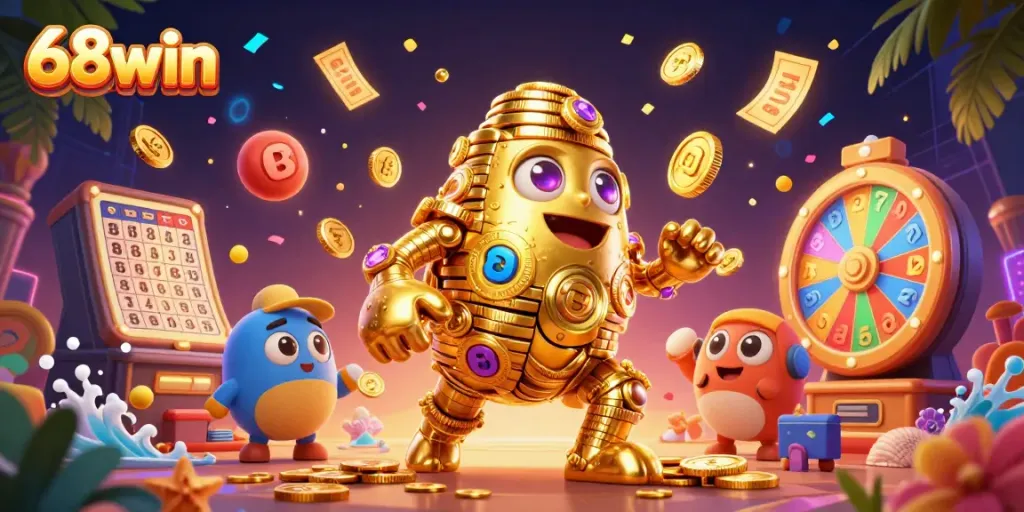 Spin the vibrant 68win slot reels surrounded by gold coins and exciting game elements.