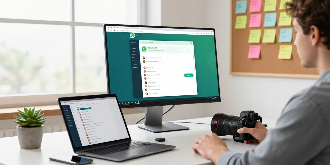 Engaging with WhatsApp網頁版 on a sleek monitor in a modern workspace.
