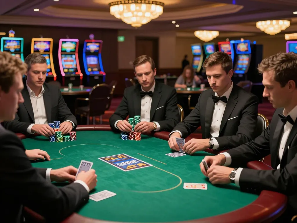 Players strategizing at 79win's exclusive poker table under warm casino lighting