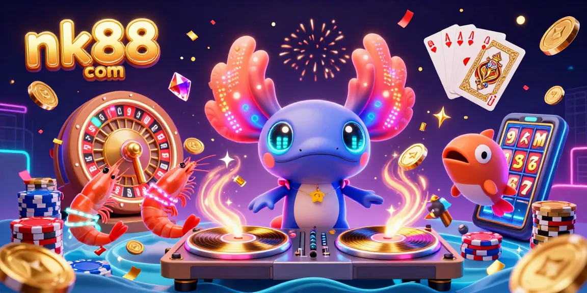 Play on nk88 com with a lively underwater casino scene featuring neon characters and vibrant gaming elements.