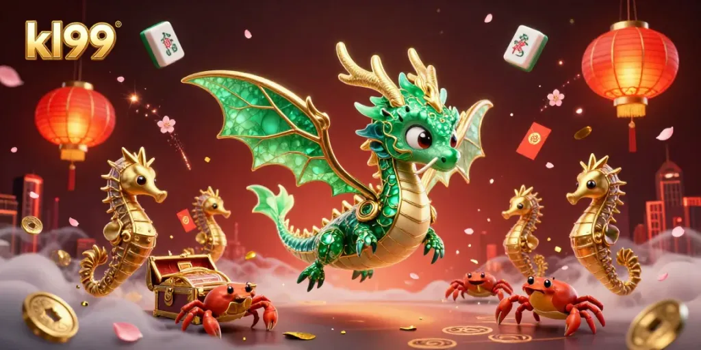 Experience the excitement of kl99 with a vibrant scene featuring a sea dragon and festive elements.