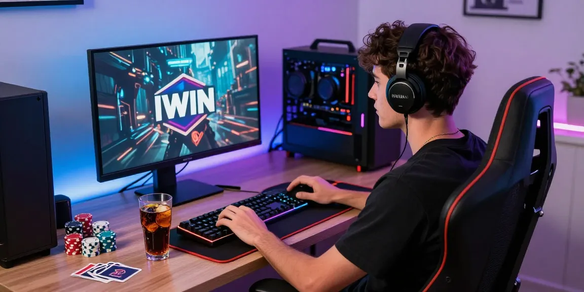 Engaging online gaming setup showcasing IWIN logo, luxury atmosphere with player and accessories.