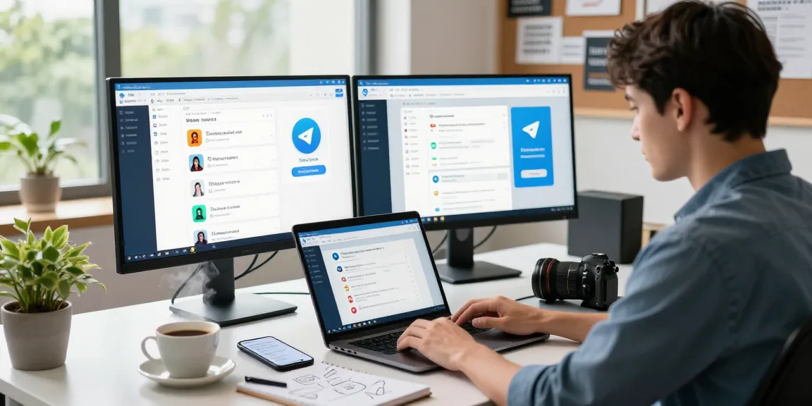 Accessing the Telegram Web Version on a laptop in a modern workspace with vibrant interface and productivity elements.