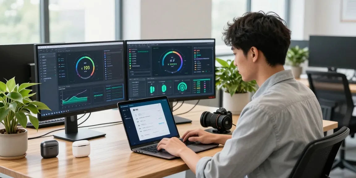 快连 application interface displayed on a laptop in a modern workspace with dual monitors showing network performance metrics.