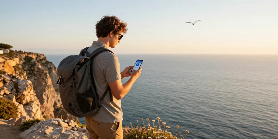 Coupons eSIM for travelers checking eSIM plans at a coastal cliff during sunset.