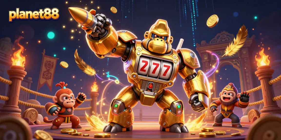 Experience thrilling slots at planet88 with vibrant 3D illustration of a golden gorilla mech and dynamic casino elements.