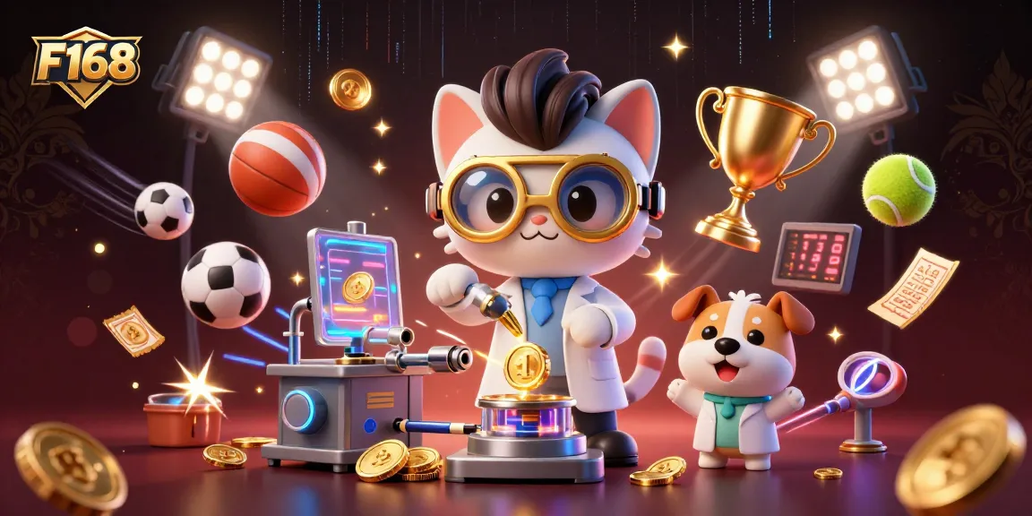Engage in thrilling gameplay with F168 as cartoon characters create gold coins amidst dynamic sports elements.